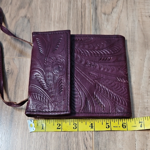 T. Saldivar Hand Tooled Leather Burgundy Plum Crossbody Bag - Picture 13 of 14